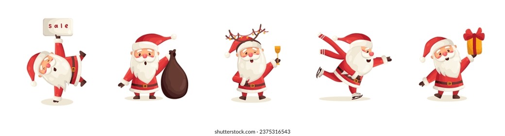 Set of funny cute Santa Claus characters with different poses, emotions, holiday situations isolated on white background. Christmas holiday vector illustration in flat cartoon style