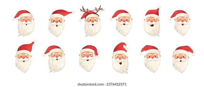 Set of funny cute Santa Claus face characters with different emotions isolated on white background. Christmas holiday vector illustration in flat cartoon style