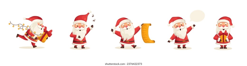 Set of funny cute Santa Claus characters with different poses, emotions, holiday situations isolated on white background. Christmas holiday vector illustration in flat cartoon style