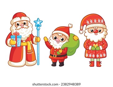 Juego de divertidos y lindos Papá Noel y el Padre Frost. colección vectorial de caracteres de Navidad.