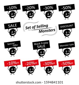 Set of funny cute silhouette creatures with discount signs for the store. Isolated Critters hand-drawn. All monsters are grouped.
