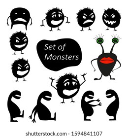 Set of funny cute silhouette creatures with different emotions. Isolated Critters hand-drawn. Design for print on t-shirts. All monsters are grouped.