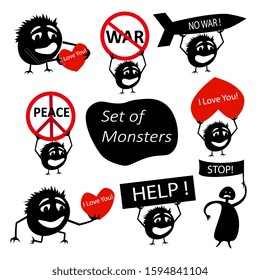 Set of funny cute silhouette demonstrators creatures with slogans and call to action. Isolated Critters hand-drawn. All monsters are grouped.