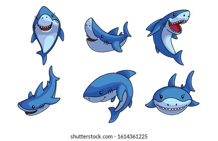 Set of funny cute smiling blue sharks vector illustration