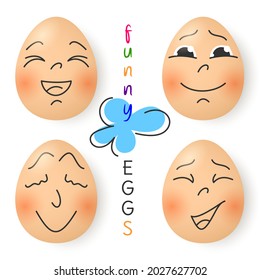 Set of funny cute smiling eggs on the white background. Happy Emotions for card, celebration design.Cartoon flat vector design.