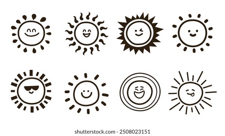 Conjunto de divertidos soles sonrientes lindos. Ilustración vectorial de estilo Doodle