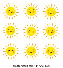 Set Of Funny Cute Sun On White Background. Vector Illustration