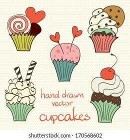Set of funny, cute and sweet colorful hand drawn cupcakes on polka dot background.
