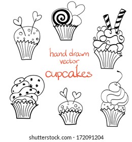 Set of funny, cute and sweet hand drawn cupcakes on white background.