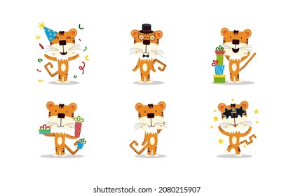 Set of funny cute tiger cubs. Cute characters for stickers. Tiger in a cap, hat, glasses, with gifts. Collection of kittens mascots of the new year.