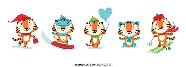 Un conjunto de graciosos y bonitos cachorros de tigre para decorar las impresiones de las vacaciones. Tigres de Navidad.