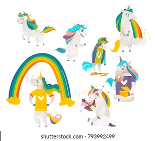 Conjunto de divertidos lindos unicornios haciendo magia, de pie, corriendo, comiendo donas, vomitando arco iris, Ilustración vectorial plana de dibujos animados aislados sobre fondo blanco. Gran conjunto divertido de personajes de unicornio arco iris