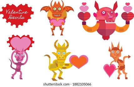 a set of funny and cute valentine devils