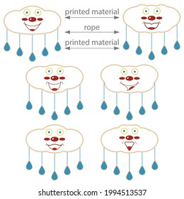 Set of funny cute white cartoon clouds with faces and raindrops. Template for hanging baby toys made of wood or plastic. Layouts for laser cutting and milling with printing. Vector drawing.