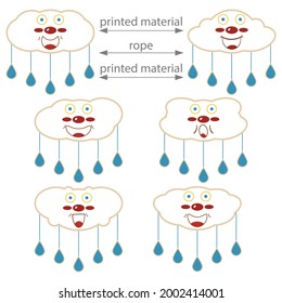 Set of funny cute white cartoon clouds with faces and raindrops. Template for hanging baby toys made of wood or plastic. Layouts for laser cutting and milling with printing. Vector drawing.