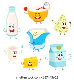 Set of funny dairy products with smiling human faces, cartoon vector illustration isolated on a white background. Cute and funny milk, blue, cottage, farm cheese, yogurt, butter dairy product set