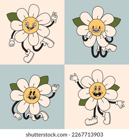 Montaje de graciosas caras sonrientes de flores de margarita. Mascota de los personajes de la camomila de primavera de Groovy. Colección de avatares hippie de los 70. Tarjetas con logotipo vector de estilo retro moderno. Elementos florales en flor