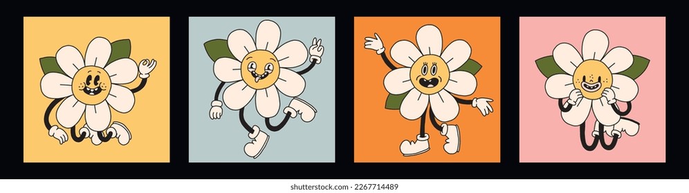 Montaje de graciosas caras sonrientes de flores de margarita. Mascota de los personajes de la camomila de primavera de Groovy. Colección de avatares hippie de los 70. Tarjetas con logotipo vector de estilo retro moderno. Elementos florales en flor
