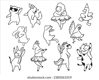 Set of funny dancing animals. Collection of happy pets jumping in dance. Cute zoo. Party. Vector illustration on white background. 