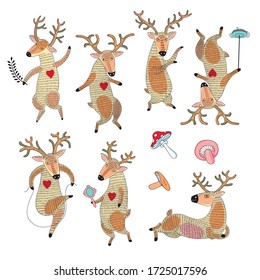 set of funny dancing and partying deers vector illustration 