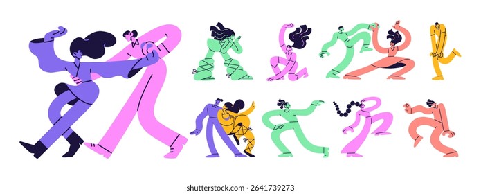 Set of funny dancing people. Happy characters enjoy the disco, move to the music. Colourful men and women have fun at the party. Dancers perform in a club. Flat isolated vector illustrations on white