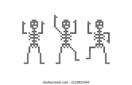 Set of funny dancing skeletons. Illustration in pixel art graphic style