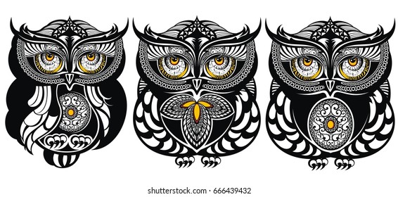 Set of funny decorative owls