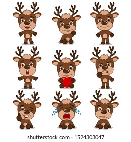 Set of funny deer in cartoon style in different poses and emotions isolated on white background