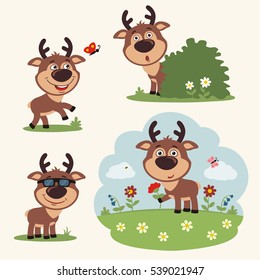 Set of funny deer in different poses on summer meadow with flowers in cartoon style.