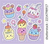 Set of funny dessert characters, cupcake, ice cream, yogurt, milk cartoon style vector illustration