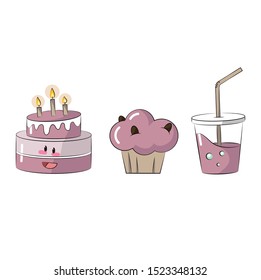 Set of funny dessert characters: cupcake, cake, cocktail. Сartoon flat style vector illustration isolated on white background. Dessert characters with smiling human faces.