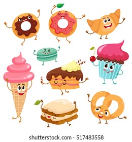 Set of funny dessert characters - donut, croissant, cupcake, cake, tiramisu, pretzel, macaroon, cartoon style vector illustration isolated on white background. Cute smiley sweets, dessert characters