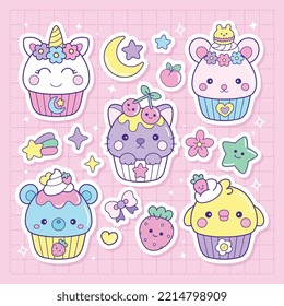 Set of funny dessert cute cupcakes characters vector illustration