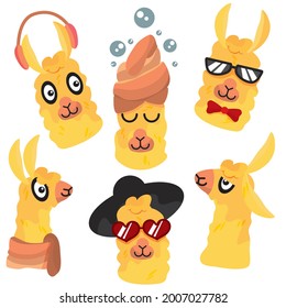 A set of funny, funny, different llamas. Vector illustration in cartoon style for stickers, printing on textiles. Clothes for the child. A lama with glasses and a hat.