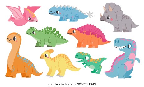 Set with funny dinosaurs. Collection of cartoon baby dinos. Cute brontosaurus, velociraptor, triceratops, tyrannosaurus rex. Jurassic period. Kids vector illustration.