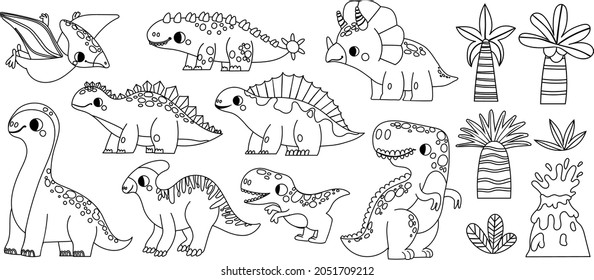 Set with funny dinosaurs. Coloring book for kids. Collection in cartoon style with funny dinos on white background. Vector illustration.