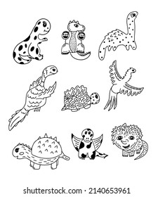 Set of funny dinosaurs. Cute dinos for childrens patterns. Doodle style, hand drawn sketch. Vetor, Illustration.