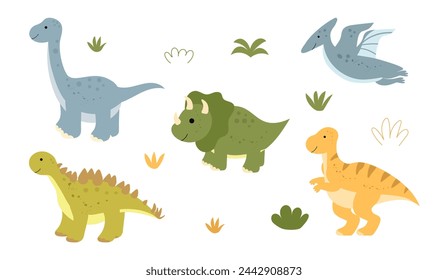 Set of funny dinosaurs in flat style. Vector collection of cute dino. Hand drawn cartoon, brontosaurus, tyrannosaurus, pterodactyl, triceratops, stegosaurus.