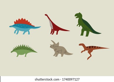 Set of funny dinosaurs isolated on background. Cute baby Dinos, ancient reptiles