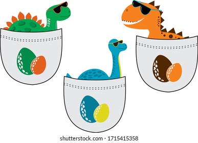 Set of funny dinosaurs in pockets for print. Vector template for design T-shirts. Fashion graphic for apparel. Character image dino for children's magazines and preschool institutions. Dinosaur