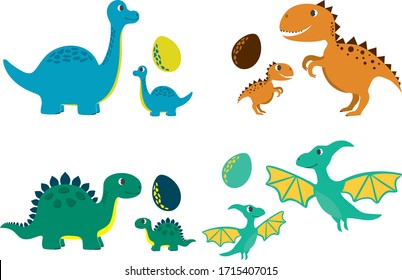 Set of funny dinosaurs for print. Adult, baby, egg. Vector template for design T-shirts. Fashion graphic for apparel. Character image dino for children's magazines and preschool institutions. Dinosaur