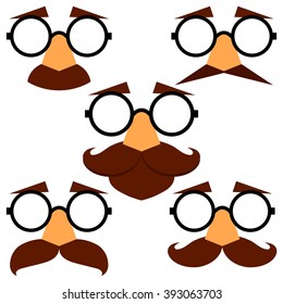 Set Of Funny Disguise Masks With Eyebrows, Glasses And Mustache. Vector Illustration.