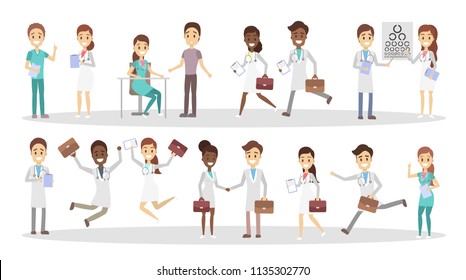 Set of funny doctor characters with various poses, face emotions and gestures. Smiling medicine workers with briefcases talking with patients, running and jumping. Isolated flat vector illustration