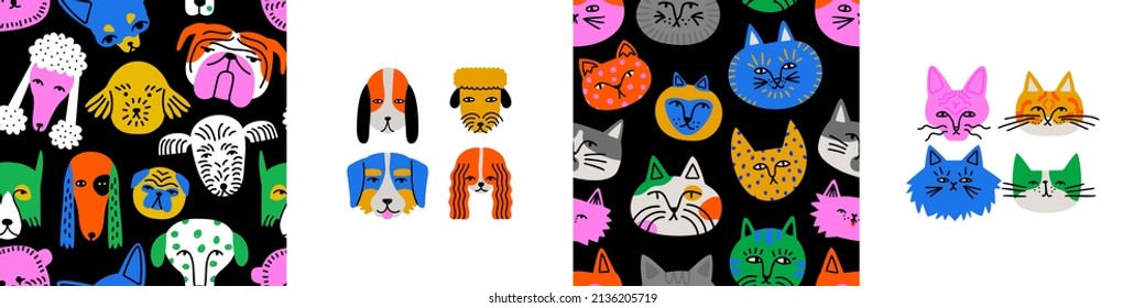 Set of funny dog and cat animal colorful cartoon seamless pattern. Cute domestic pet collection includes kitten, puppy background illustrations.