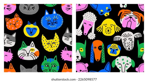 Set of funny dog and cat animal colorful cartoon seamless pattern. Cute domestic pet collection includes kitten, puppy background illustrations.