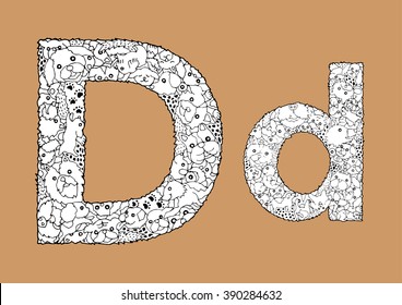 set of funny dog design concept "D", alphabet animal, hand drawn, vector illustration