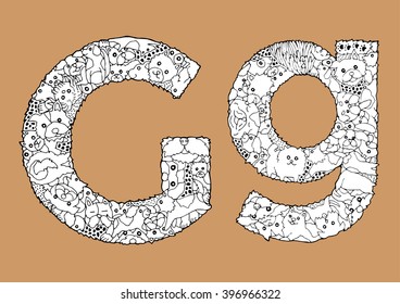 set of funny dog design concept "G", alphabet animal, hand drawn, vector illustration