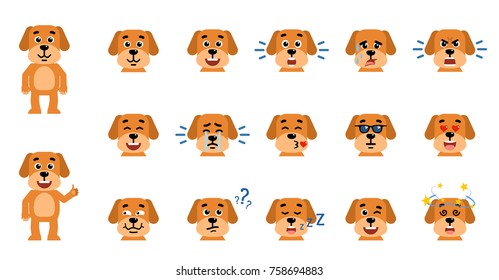 Set Of Funny Dog Emoticons Showing Different Emotions. Happy, Sad, Angry, Dazed, Sleep, Shocked, Tired, In Love And Other Emotions. Flat Style Vector Illustration