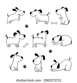 Set of funny dogs. Black and white color.Doodle cartoon style. Hand draw cute dogs in sketch style. 