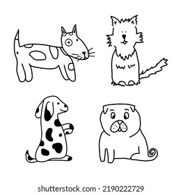Set of funny dogs. Black and white color. Doodle cartoon style. Hand draw cute dogs in sketch style.